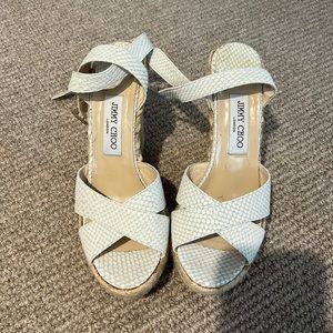 JIMMY CHOO White Snakeskin Espadrille Wedges